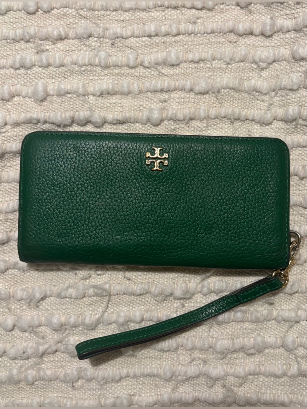 Tory Burch Emerald Green Pebbled Leather Wristlet Card Holder